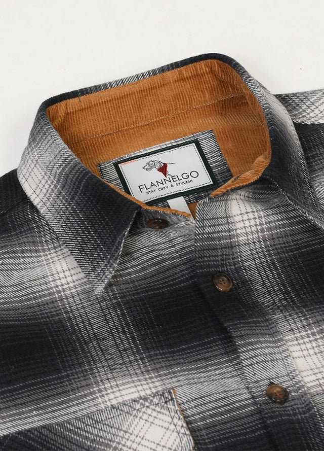 Close-up of the lapel of gray white men's timberline flannel shirt
