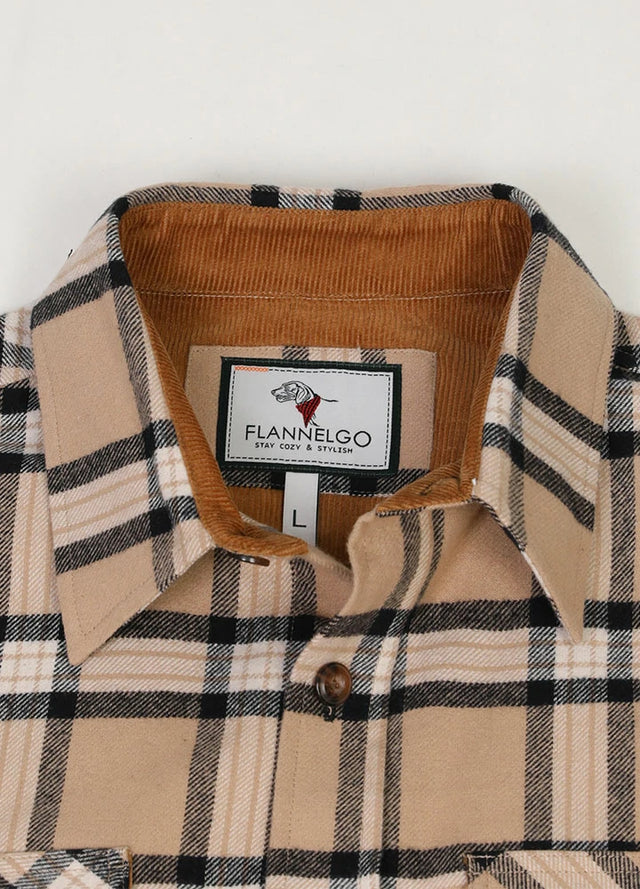 Close-up of the lapel of light khaki men's timberline flannel shirt