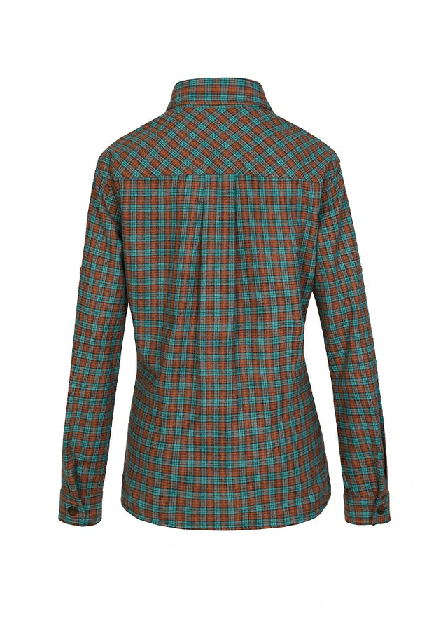 Back view of women's pine green brown long sleeves flannel plaid shirt