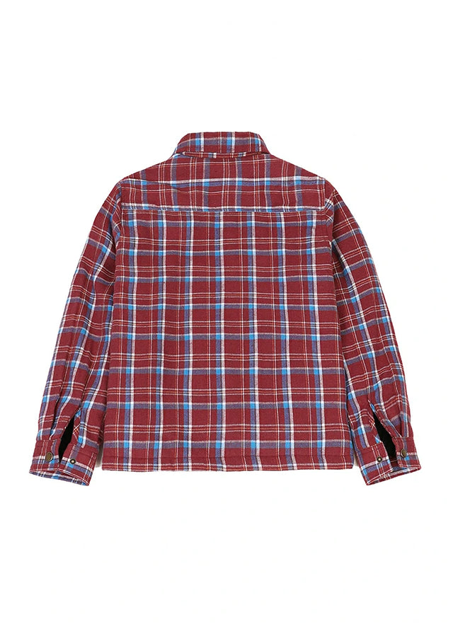 Back view of kid's red black sherpa fleece lined flannel jacket