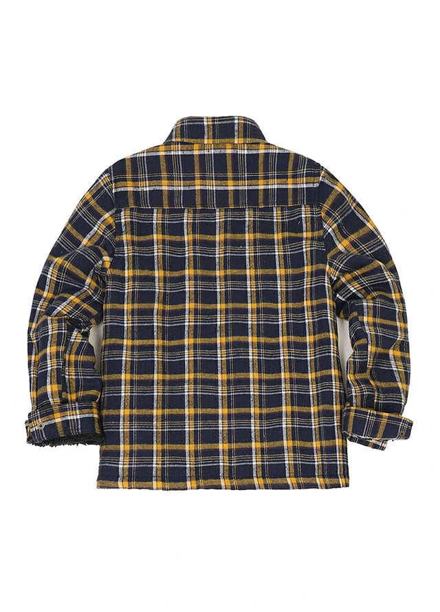 Back view of kid's navy yellow sherpa fleece lined flannel jacket