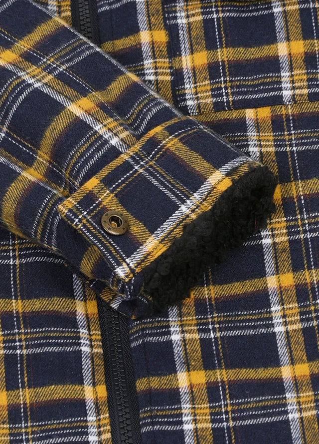 Detaied view of kid's navy yellow flannel jacket cuffs with snap button