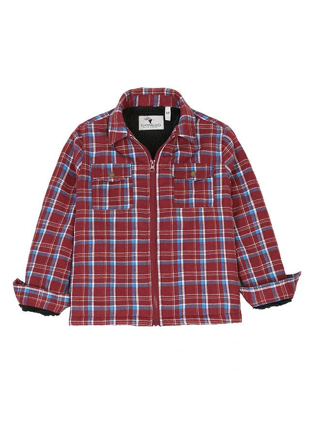 Front view of kid's red black sherpa fleece lined flannel shirt jacket buttoned