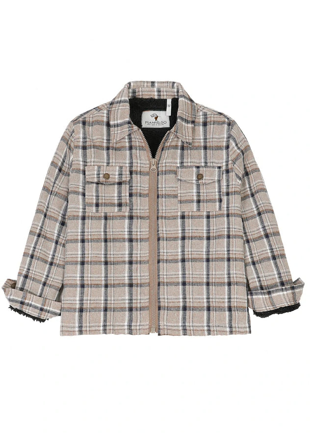 Front view of kid's khaki sherpa fleece lined flannel shirt jacket buttoned