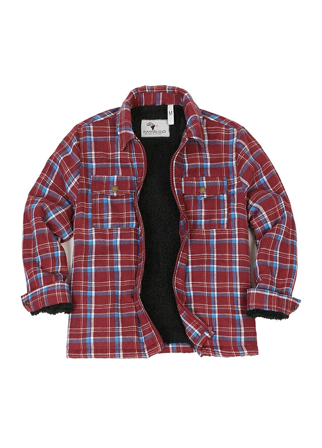 Front view of kid's red black sherpa fleece flannel shirt jacket