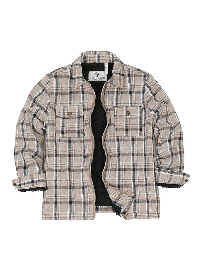 Front view of kid's khaki sherpa fleece flannel shirt jacket