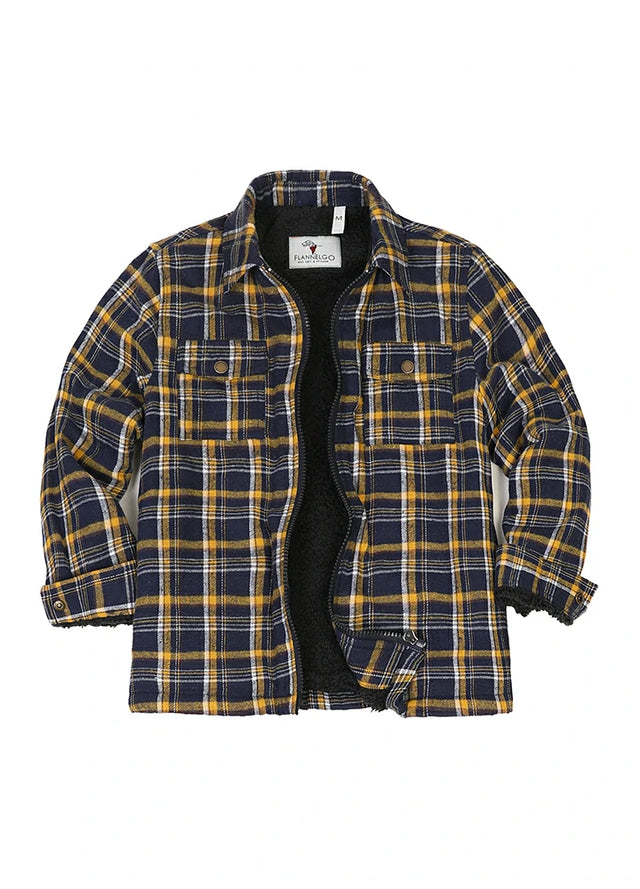 Front view of kid's navy yellow sherpa fleece flannel shirt jacket