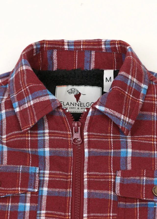 Close-up of kid's zip up flannel jacket with the collar