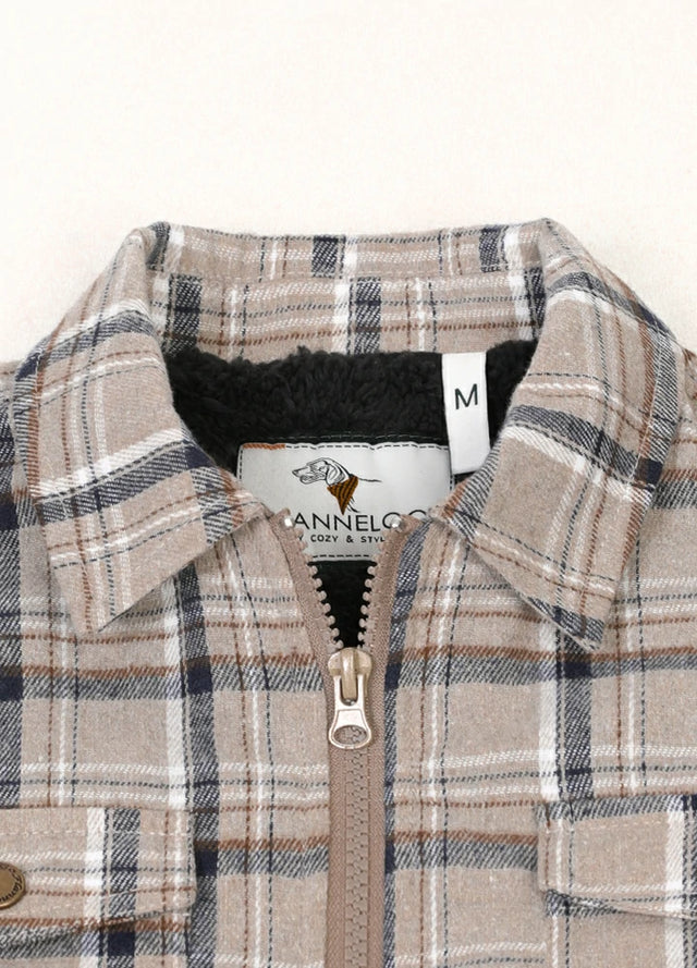 Close-up of kid's khaki zip up flannel jacket with the collar