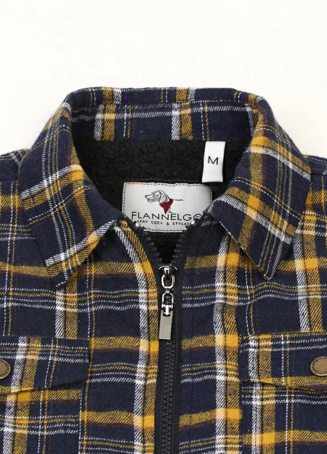 Close-up of kid's navy yellow zip up flannel jacket with the collar