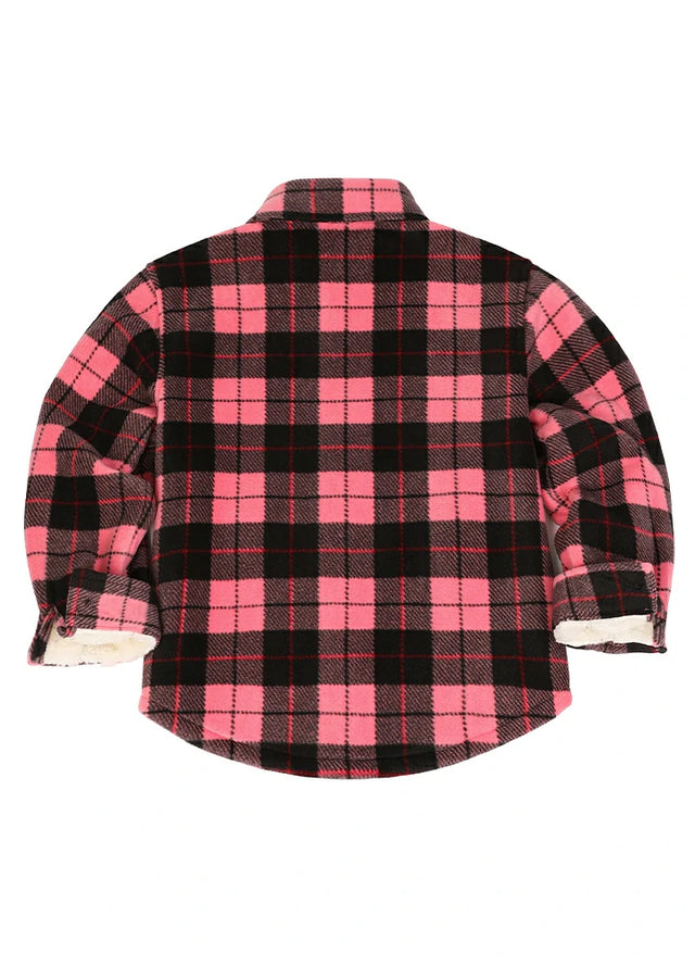 Back view of boys pink black flannel shirt jacket