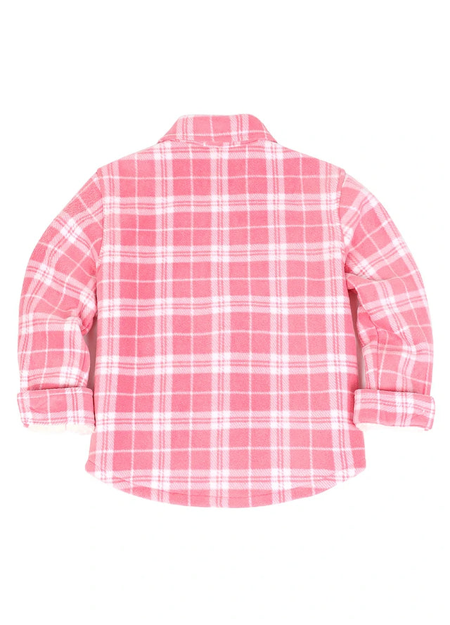 Back view of boys pink flannel shirt jacket