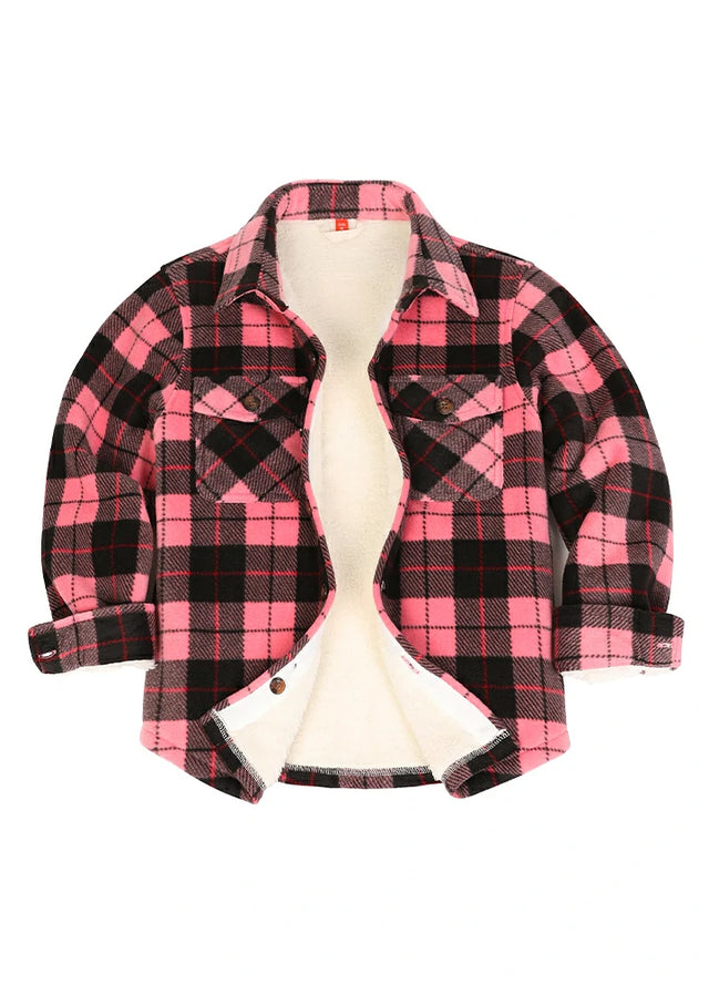 Front view of boys pink black flannel shirt jacket
