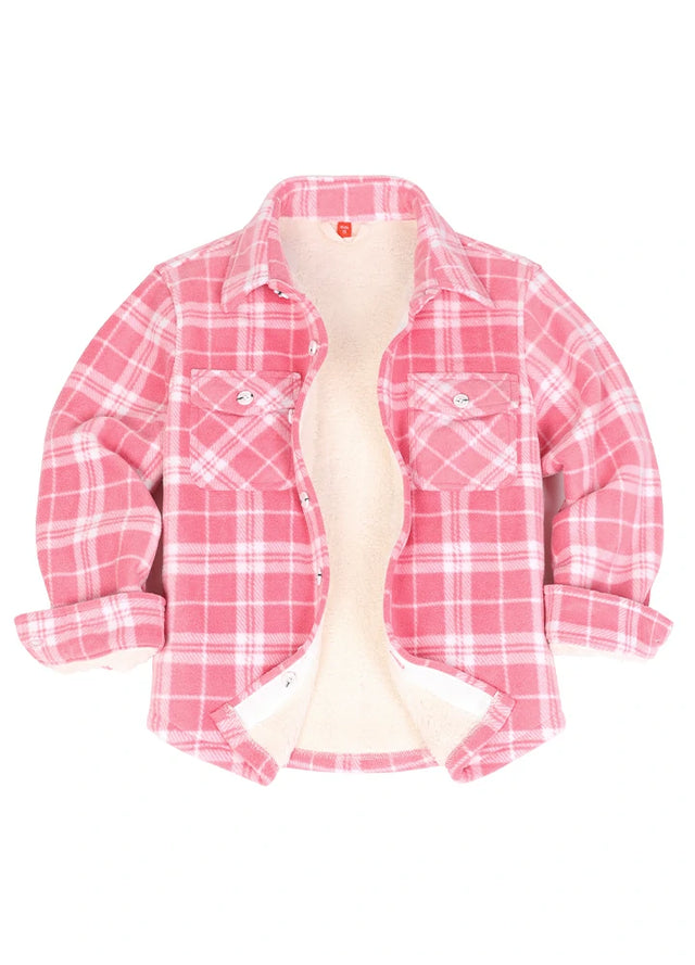 Front view of boys pink flannel shirt jacket