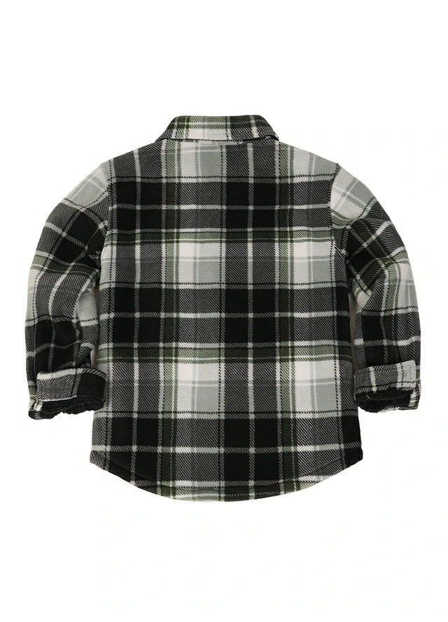 Back view of kids black-and-white fleece flannel shirt jacket