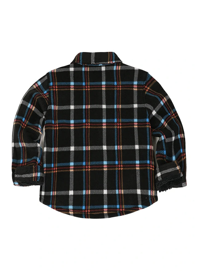 Back view of kids black and blue fleece flannel shirt jacket