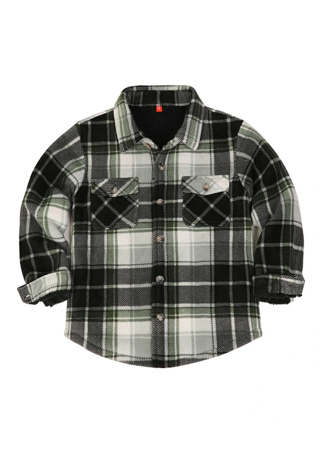 Front view of kids black-and-white fleece shirt jacket buttoned