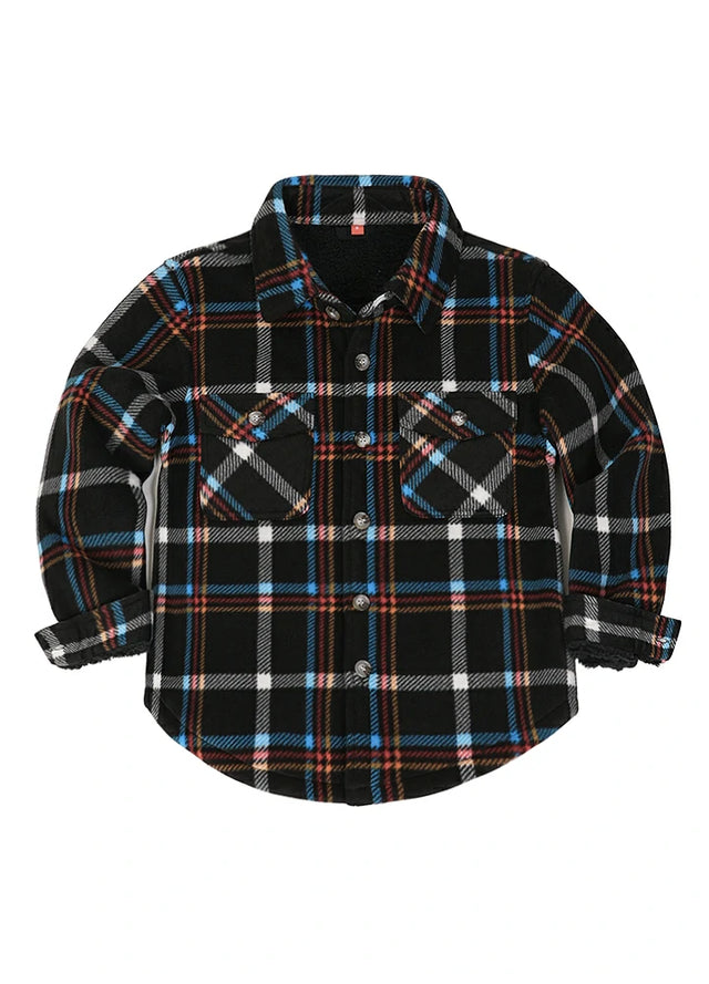 Front view of kids black and blue fleece shirt jacket buttoned