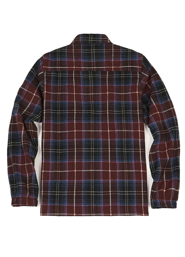 Back view of red blue men's zip up plaid cotton jacket