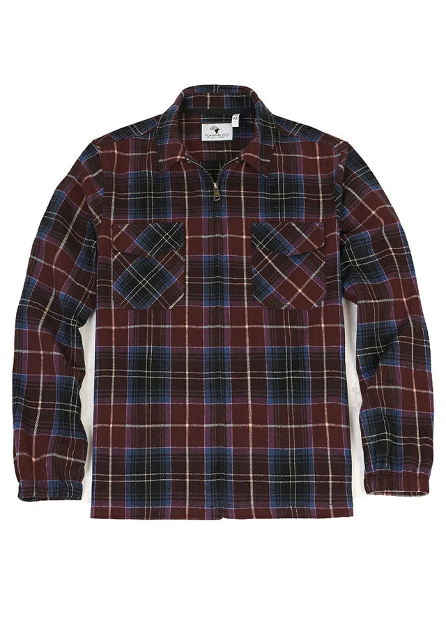Front view of the zipper closed of red blue men's warm zip up plaid jacket