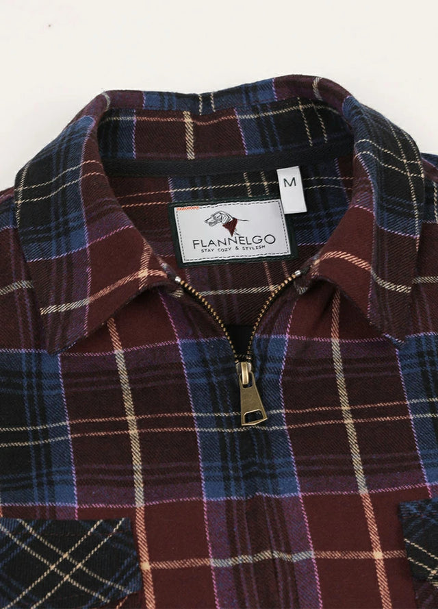 Close-up of the lapel of red blue men's cotton zip up plaid jacket