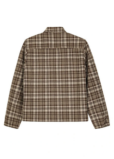 Back view of a coffee men's zip up plaid shirt jacket