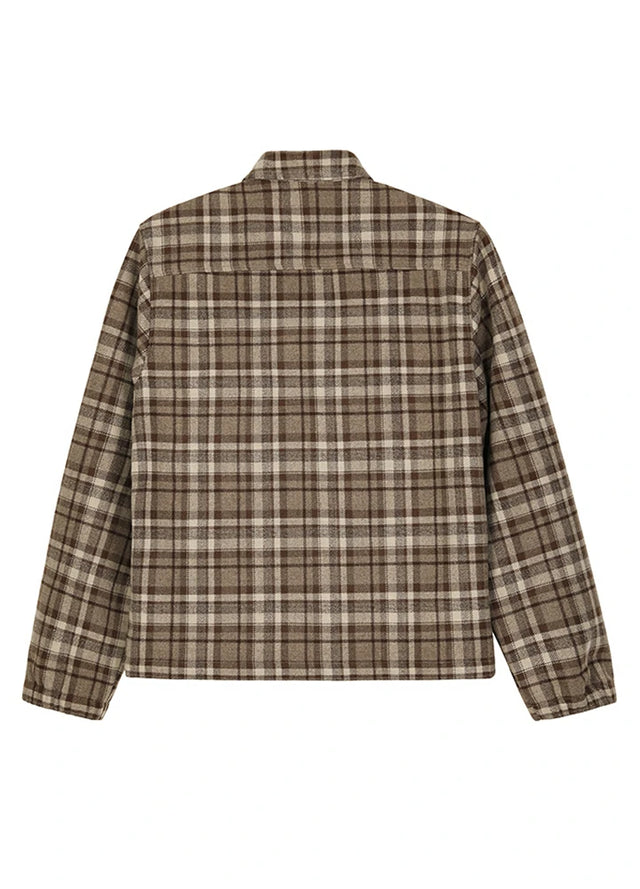 Back view of a coffee men's zip up plaid shirt jacket