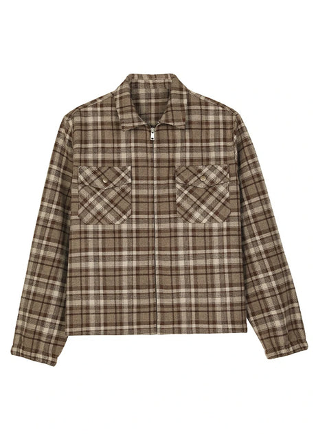 Front view of a coffee men's zip up plaid shirt jacket
