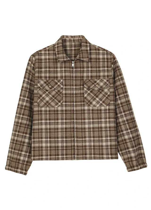 Front view of a coffee men's zip up plaid shirt jacket