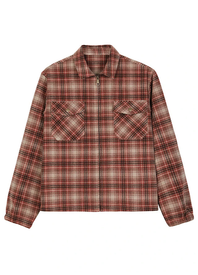 Front view of a red men's zip up plaid shacket