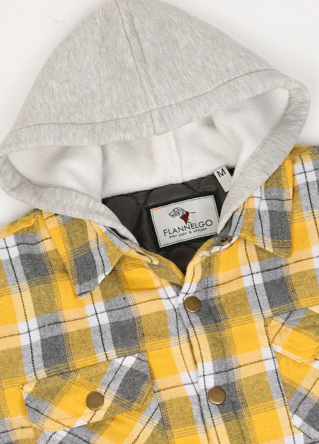 Detail of the hood on a yellow gray flannel jacket