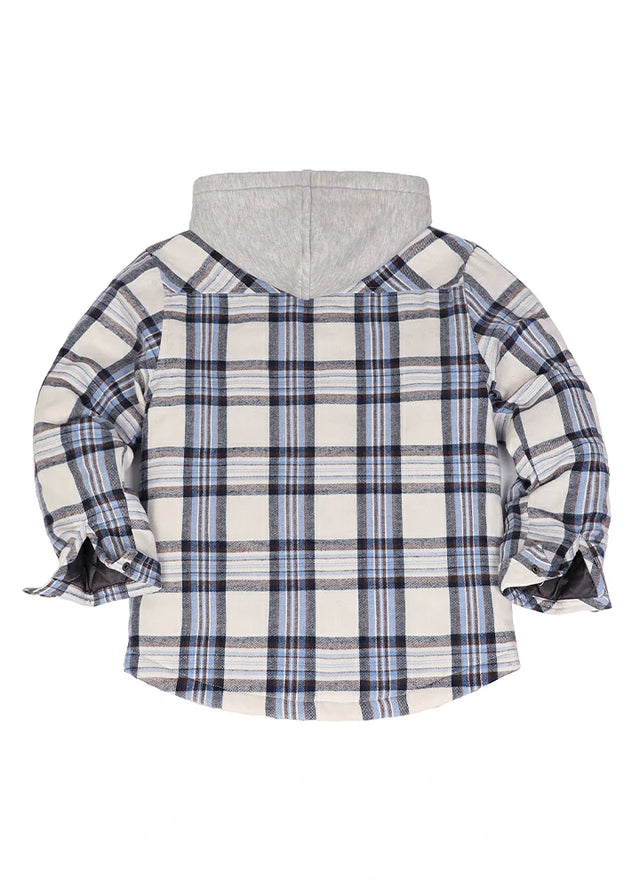 Back view of blue whie plaid flannel shirt jacket with hood