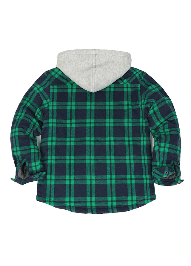 Back view of Green Navy plaid flannel shirt jacket with hood