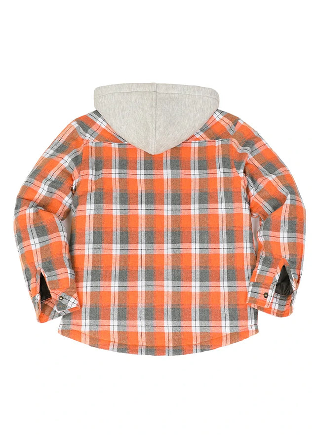 Back view of Orange Greyplaid flannel shirt jacket with hood