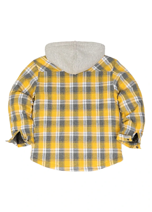 Back view of yellow gray plaid flannel shirt jacket with hood
