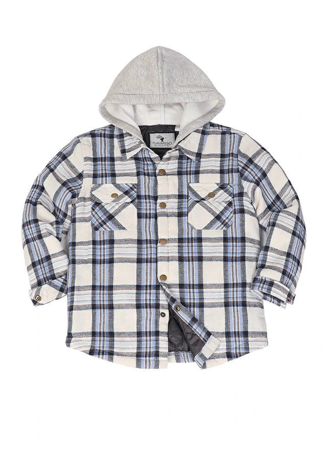 Front view of blue whie hooded flannel shirt jacket