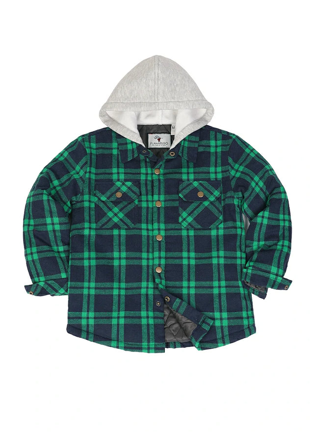 Front view of Green Navy hooded flannel shirt jacket