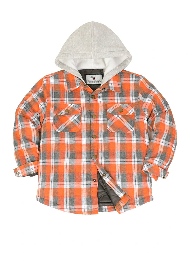 Front view of Orange Grey hooded flannel shirt jacket