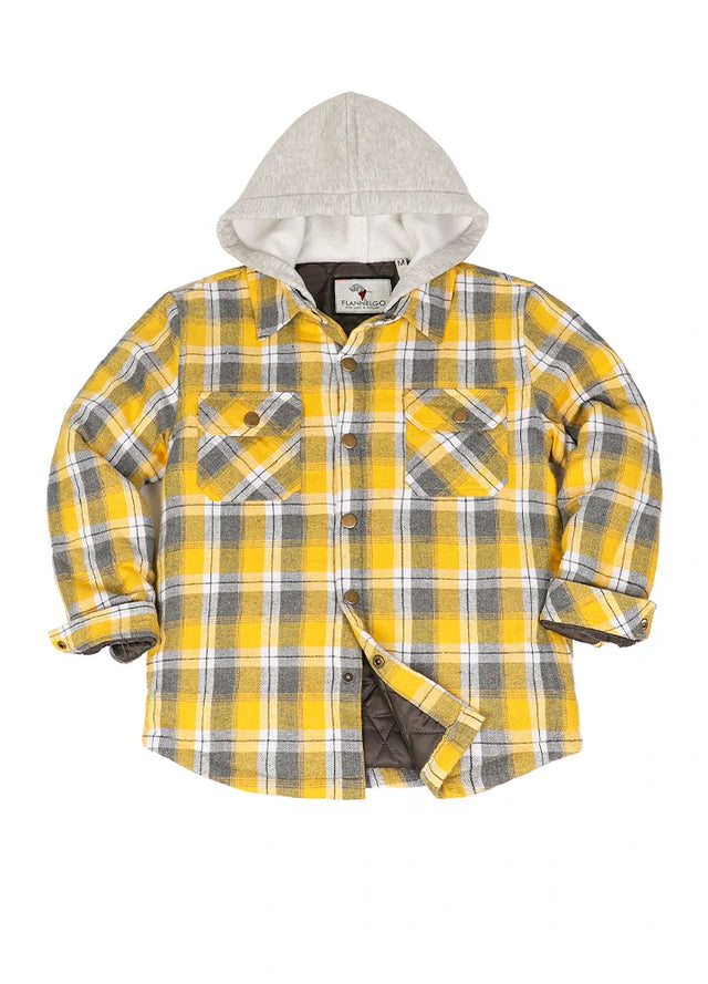 Front view of yellow gray hooded flannel shirt jacket
