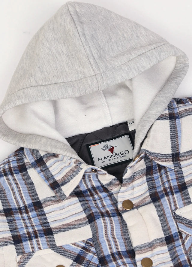Detail of the hood on a blue and white flannel jacket