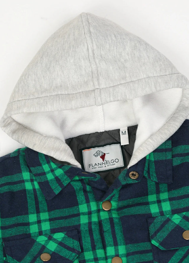 Detail of the hood on a Green Navy flannel jacket