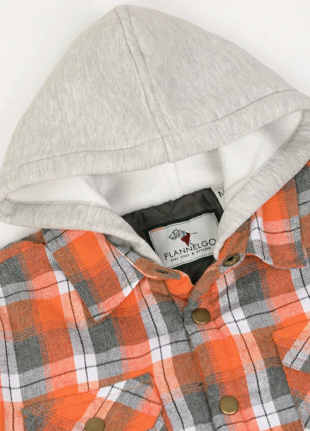 Detail of the hood on a Orange Grey flannel jacket