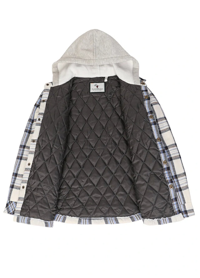 Detailed view of the quilted lining on a blue and white flannel jacket