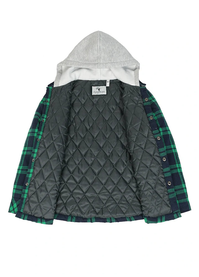Detailed view of the quilted lining on a Green Navy flannel jacket
