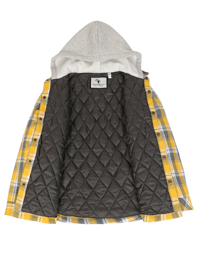 Detailed view of the quilted lining on a yellow gray flannel jacket