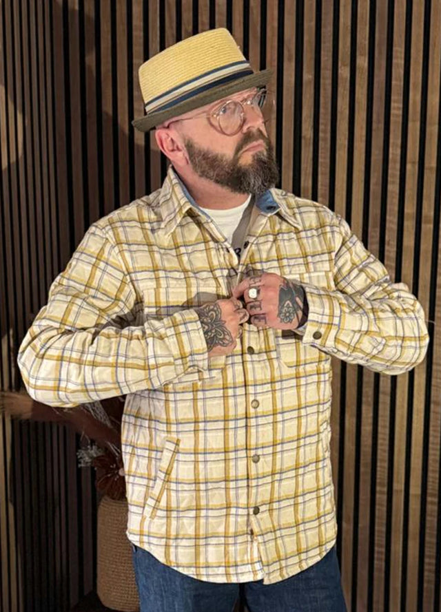 Men's Quilt Lined Plaid Jacket,Snap Button Shacket