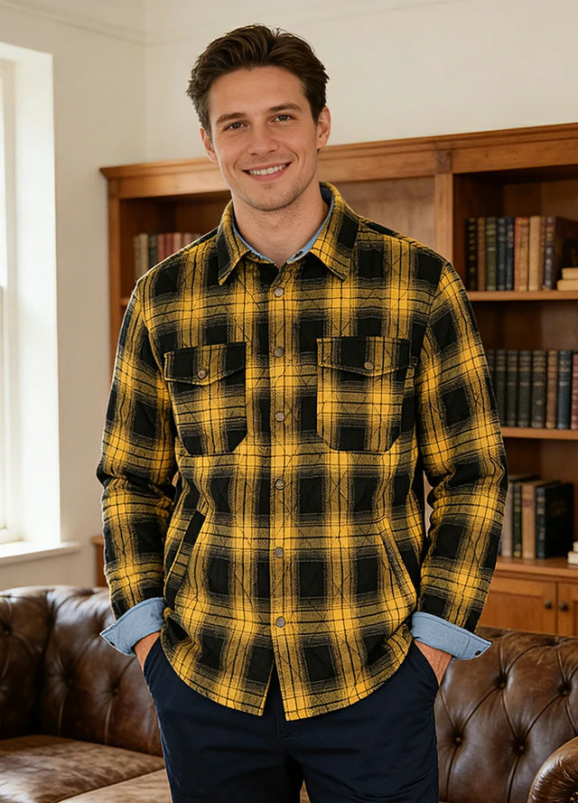 Men's Quilt Lined Plaid Jacket,Snap Button Shacket