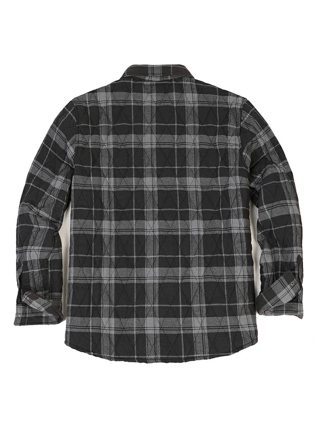 Back view of black gray men's quilted lined snap plaid jacket