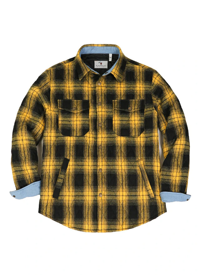 Front view of button closed yellow black men's quilted lined plaid jacket