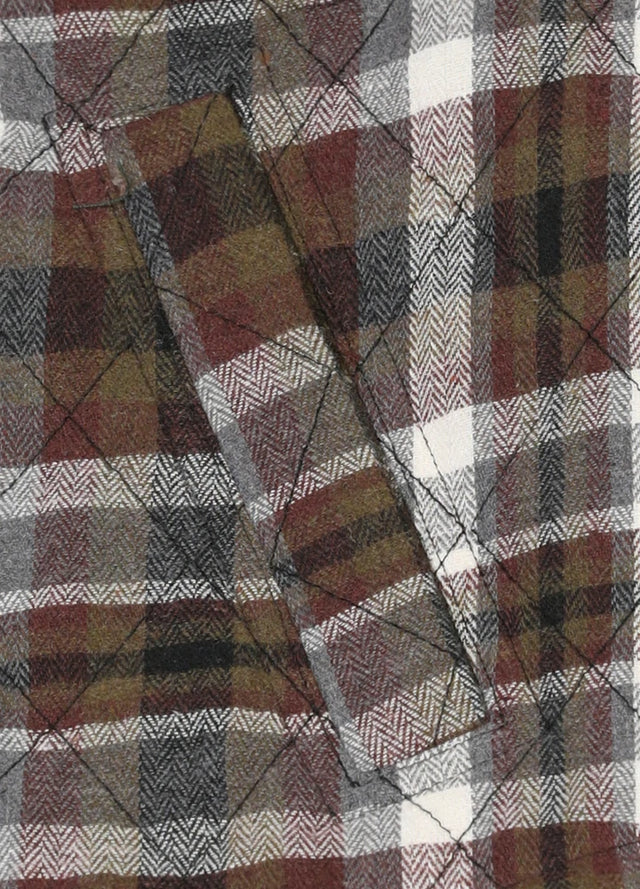 Close-up of the hand pocket of coffee white men's plaid shirt jacket with quilted lining
